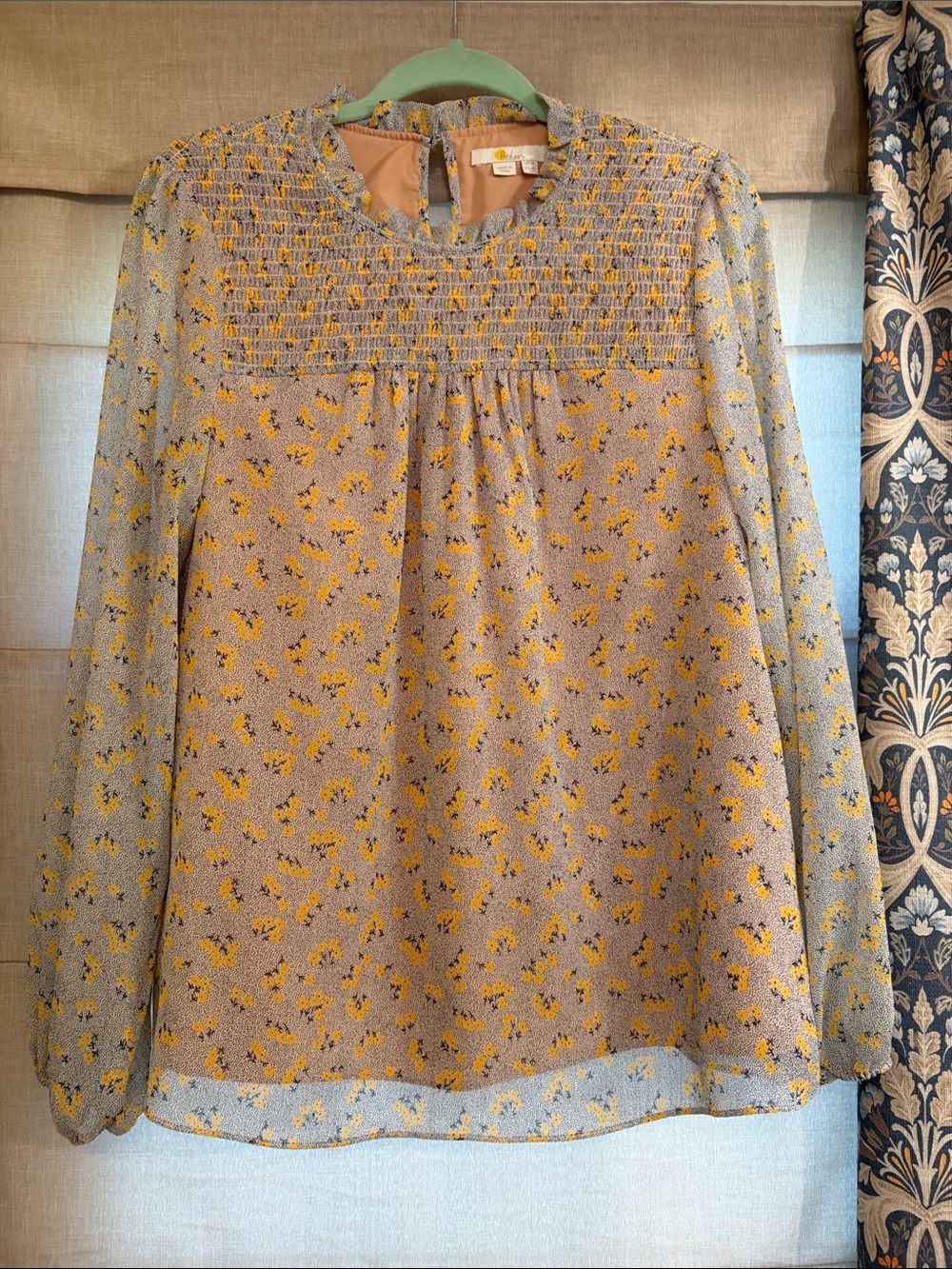 Boden Yellow Floral Smocked Yoke Blouse